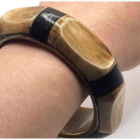 Bohemian Chunky Wood Brass Made In India Bangle Bracelet 8in - Picture 1 of 5